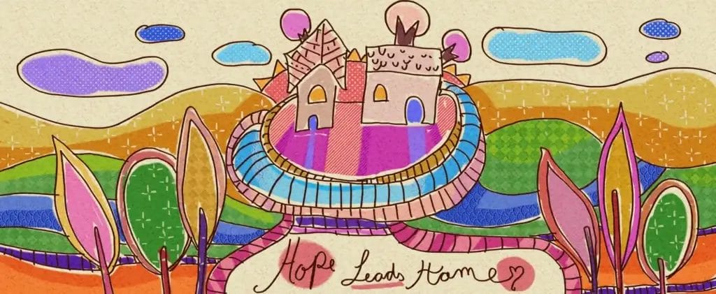 Illustrated landscape with abstract homes, hills, and trees in vibrant colors, symbolizing the concept of ‘Hope Leads Home'